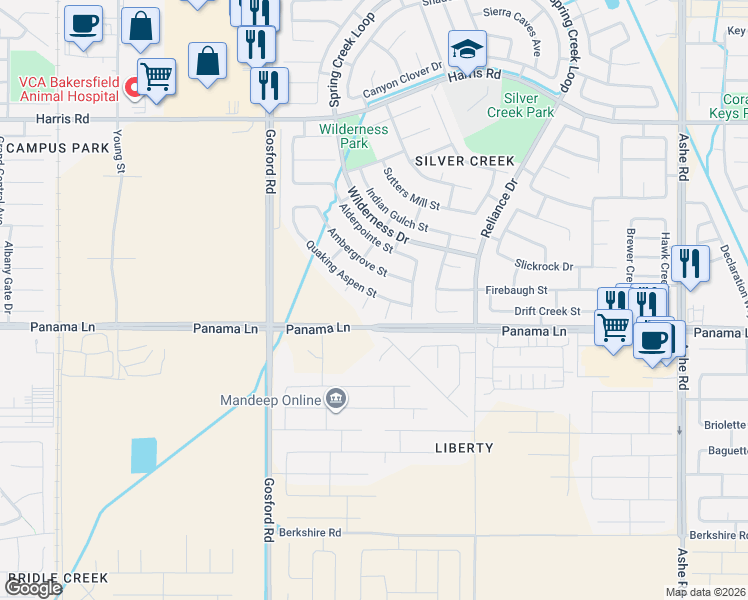 map of restaurants, bars, coffee shops, grocery stores, and more near 6616 Hazelnut Court in Bakersfield