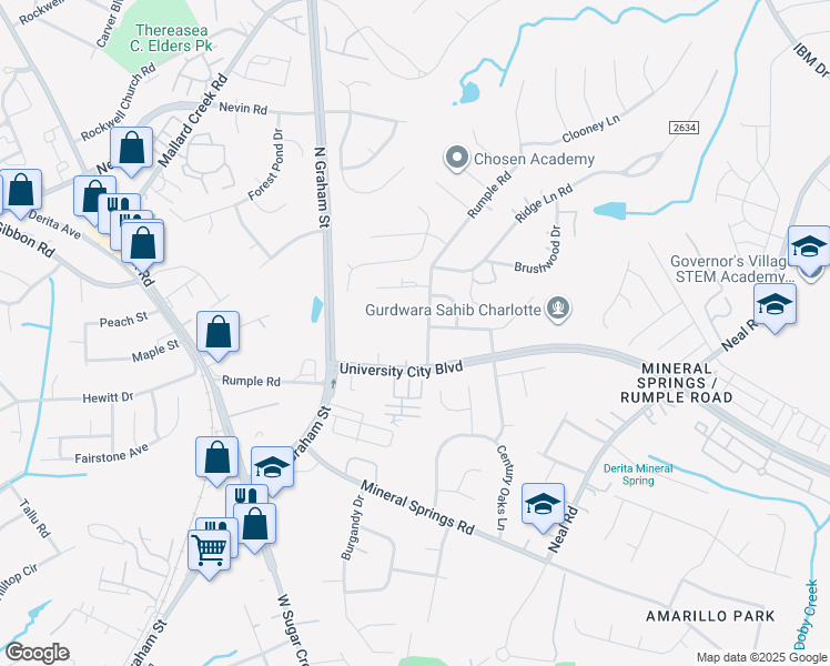 map of restaurants, bars, coffee shops, grocery stores, and more near 6515 Rumple Road in Charlotte