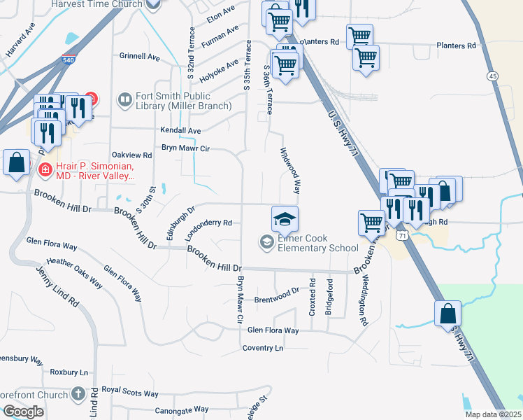 map of restaurants, bars, coffee shops, grocery stores, and more near 9211 Bryn Mawr Circle in Fort Smith