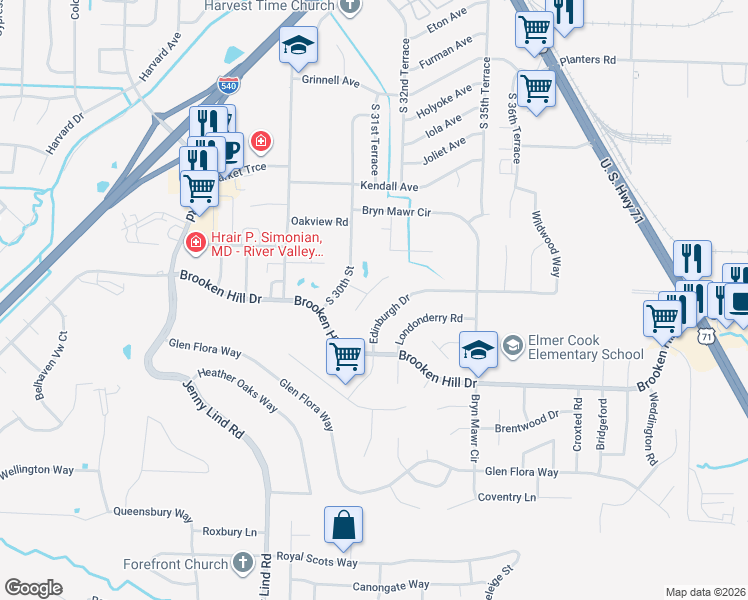 map of restaurants, bars, coffee shops, grocery stores, and more near 3208 Edinburgh Drive in Fort Smith
