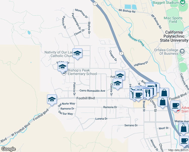 map of restaurants, bars, coffee shops, grocery stores, and more near 362 Santa Lucia Drive in San Luis Obispo