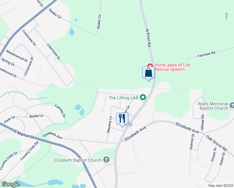 map of restaurants, bars, coffee shops, grocery stores, and more near 431 Corvair Lane in Shelby