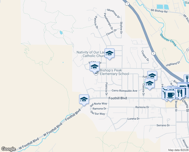 map of restaurants, bars, coffee shops, grocery stores, and more near 451 Jaycee Drive in San Luis Obispo