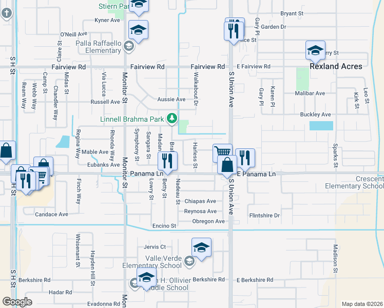 map of restaurants, bars, coffee shops, grocery stores, and more near 423 Tess Way in Bakersfield