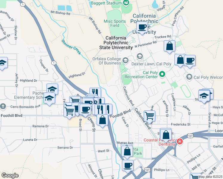 map of restaurants, bars, coffee shops, grocery stores, and more near 1050 Foothill Boulevard in San Luis Obispo