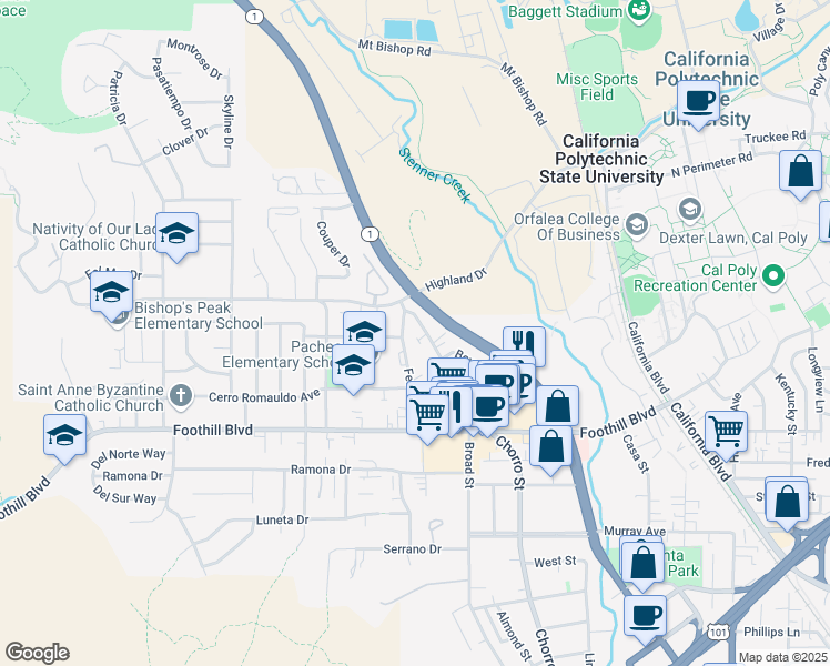map of restaurants, bars, coffee shops, grocery stores, and more near 375 North Chorro Street in San Luis Obispo
