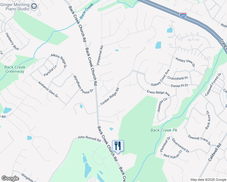 map of restaurants, bars, coffee shops, grocery stores, and more near 11416 Timber Ridge Road in Charlotte