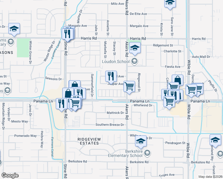map of restaurants, bars, coffee shops, grocery stores, and more near 6351 Akers Road in Bakersfield