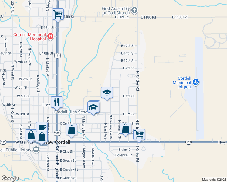 map of restaurants, bars, coffee shops, grocery stores, and more near 1006 East 5th Street in New Cordell
