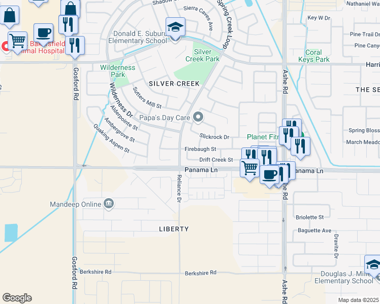 map of restaurants, bars, coffee shops, grocery stores, and more near 7115 Firebaugh Street in Bakersfield