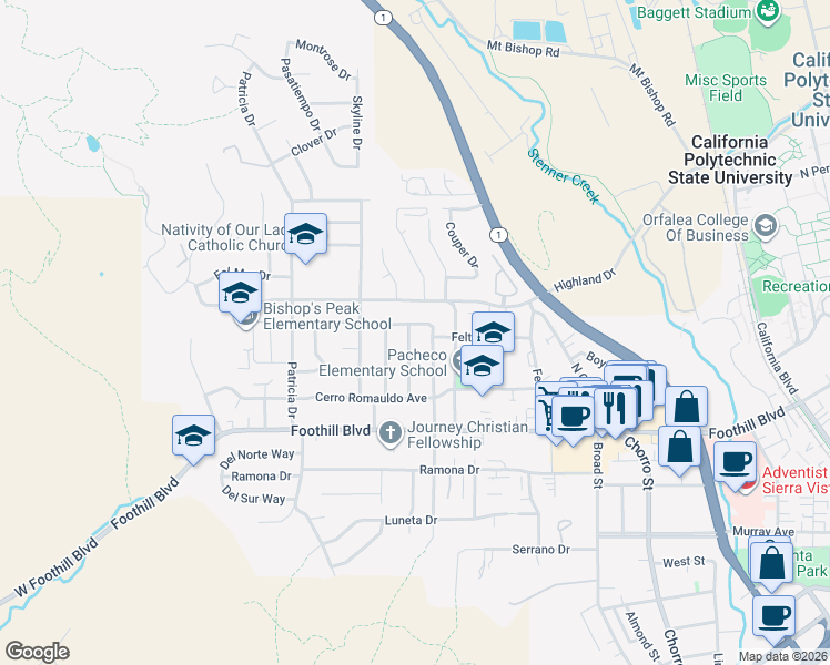 map of restaurants, bars, coffee shops, grocery stores, and more near 305 Santa Lucia Drive in San Luis Obispo