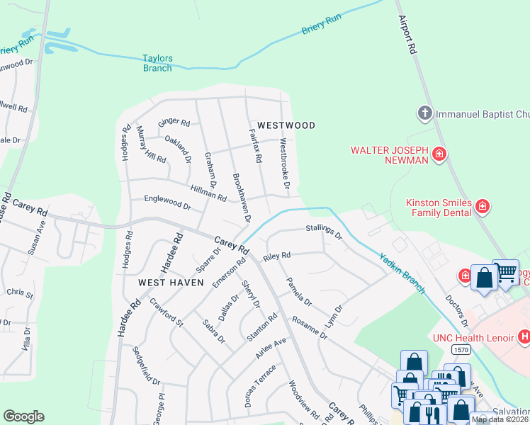 map of restaurants, bars, coffee shops, grocery stores, and more near 2204 Stallings Drive in Kinston