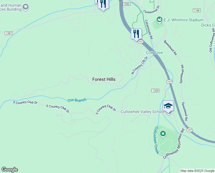 map of restaurants, bars, coffee shops, grocery stores, and more near 417 North Country Club Drive in Cullowhee