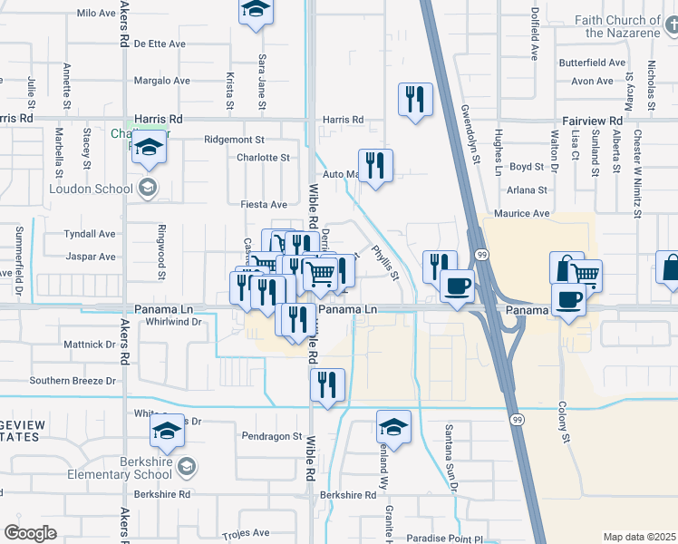 map of restaurants, bars, coffee shops, grocery stores, and more near 3108 Fortune Street in Bakersfield