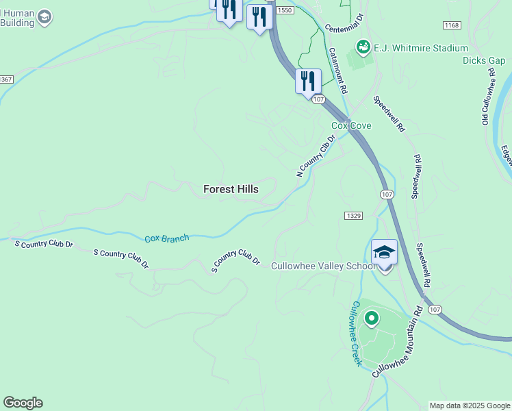 map of restaurants, bars, coffee shops, grocery stores, and more near 417 North Country Club Drive in Cullowhee
