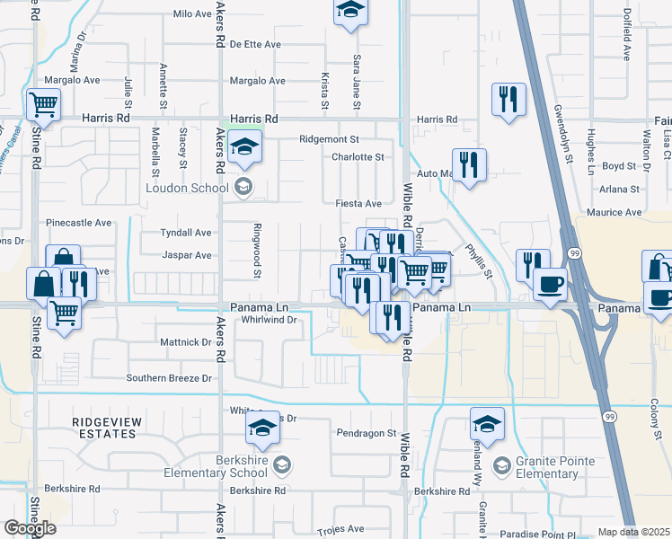 map of restaurants, bars, coffee shops, grocery stores, and more near 6300 Castleton Street in Bakersfield