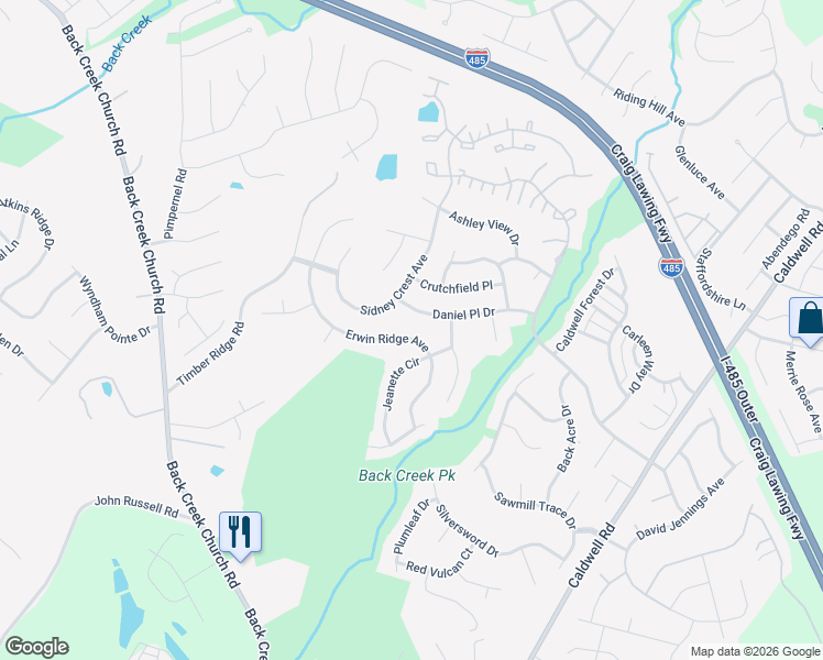 map of restaurants, bars, coffee shops, grocery stores, and more near 3306 Daniel Place Drive in Charlotte