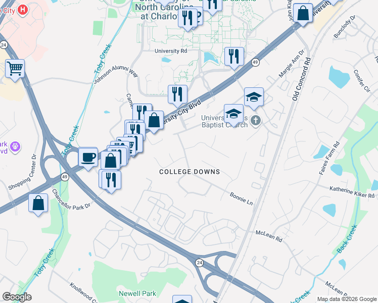 map of restaurants, bars, coffee shops, grocery stores, and more near 9101 Nash Avenue in Charlotte