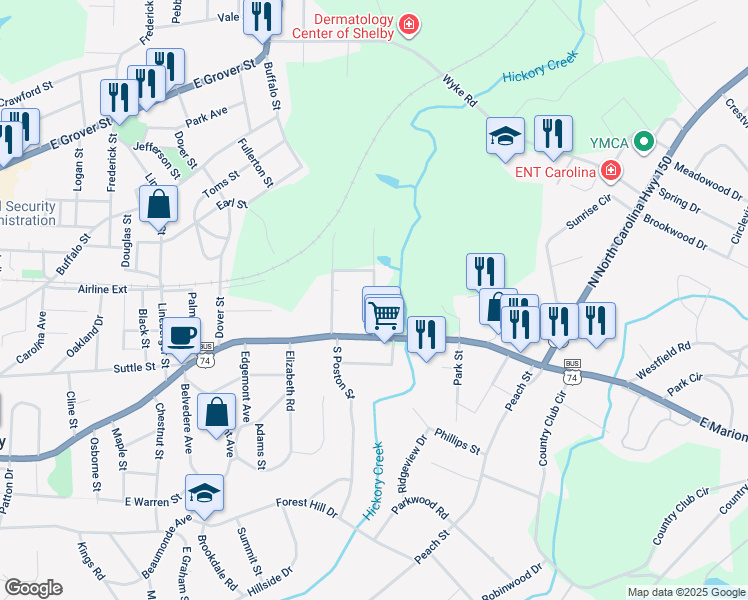 map of restaurants, bars, coffee shops, grocery stores, and more near 1012 Wesley Street in Shelby