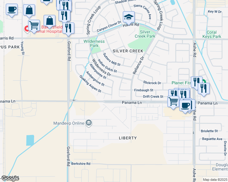 map of restaurants, bars, coffee shops, grocery stores, and more near 6508 Pine Borough Court in Bakersfield