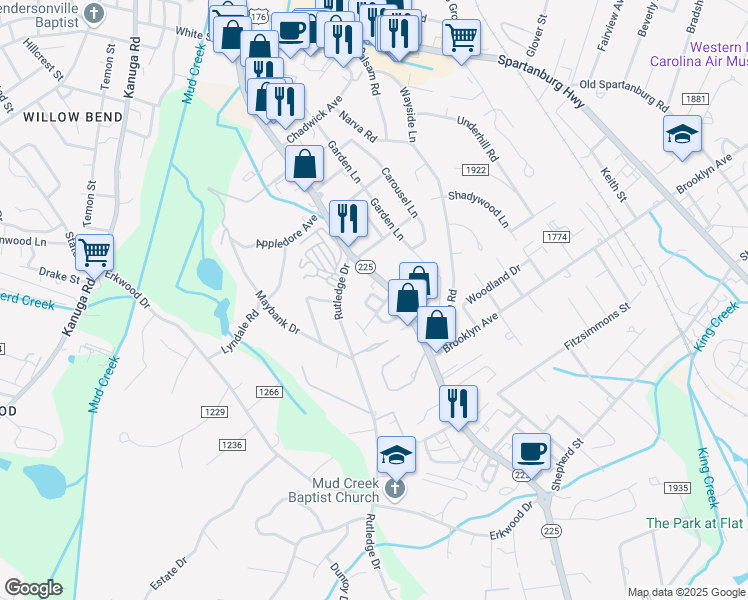 map of restaurants, bars, coffee shops, grocery stores, and more near 27 Turnabout Lane in Hendersonville