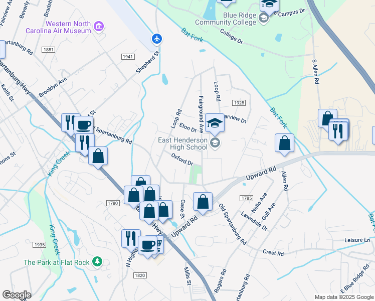 map of restaurants, bars, coffee shops, grocery stores, and more near 2002 Cambridge Drive in Hendersonville