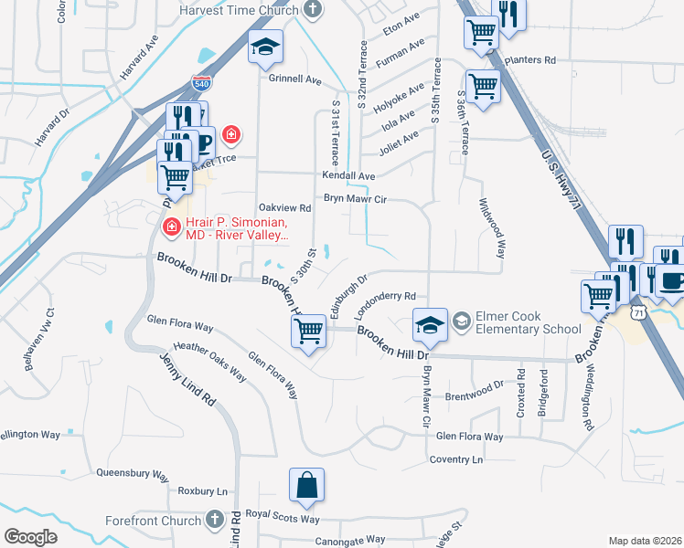 map of restaurants, bars, coffee shops, grocery stores, and more near 8930 Stoney Hedge Drive in Fort Smith