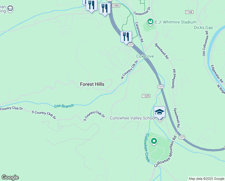map of restaurants, bars, coffee shops, grocery stores, and more near 689 N Country Club Dr in Cullowhee