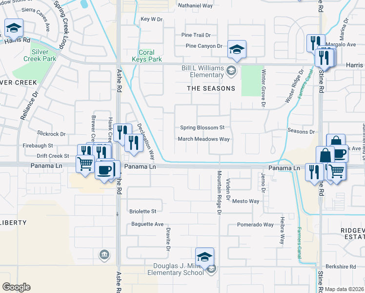 map of restaurants, bars, coffee shops, grocery stores, and more near 6409 Easter Lily Court in Bakersfield