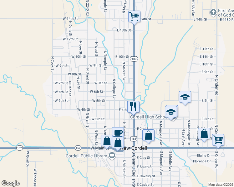 map of restaurants, bars, coffee shops, grocery stores, and more near 705 North College Street in New Cordell