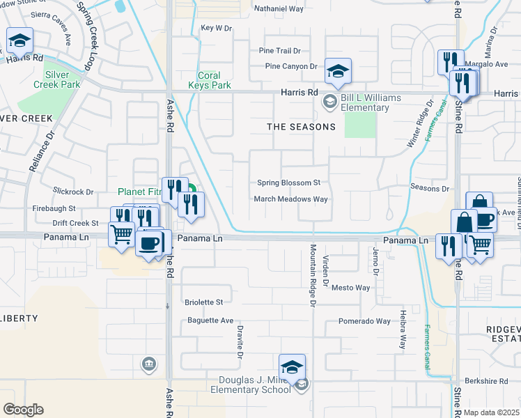 map of restaurants, bars, coffee shops, grocery stores, and more near 6409 Easter Lily Court in Bakersfield