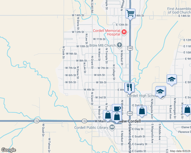 map of restaurants, bars, coffee shops, grocery stores, and more near 708 North Grant Street in New Cordell