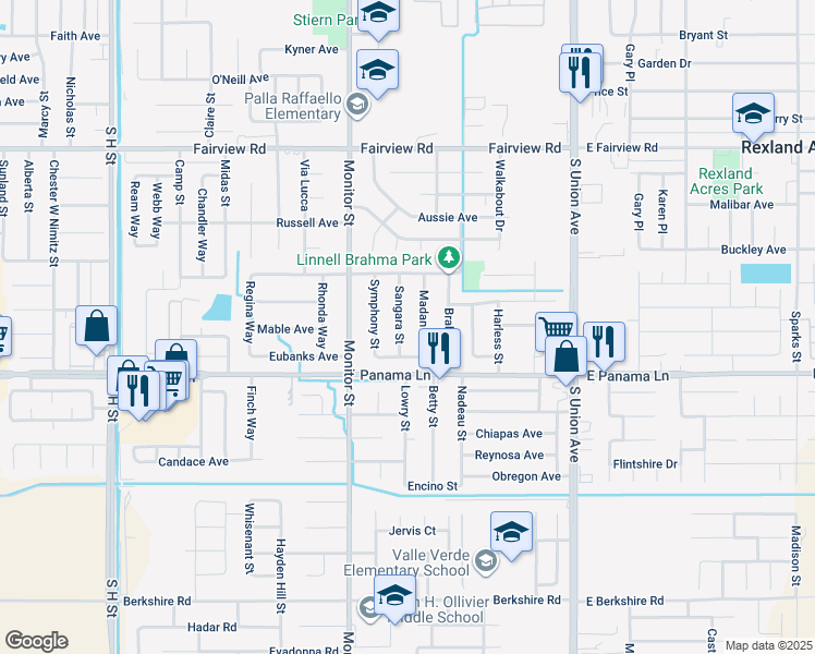 map of restaurants, bars, coffee shops, grocery stores, and more near 6307 Sangara Street in Bakersfield