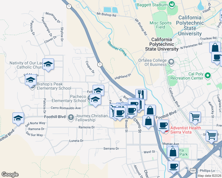 map of restaurants, bars, coffee shops, grocery stores, and more near 497 North Chorro Street in San Luis Obispo