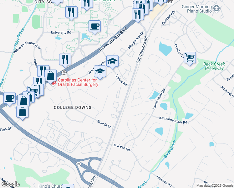 map of restaurants, bars, coffee shops, grocery stores, and more near 9531 Shannon Green Drive in Charlotte