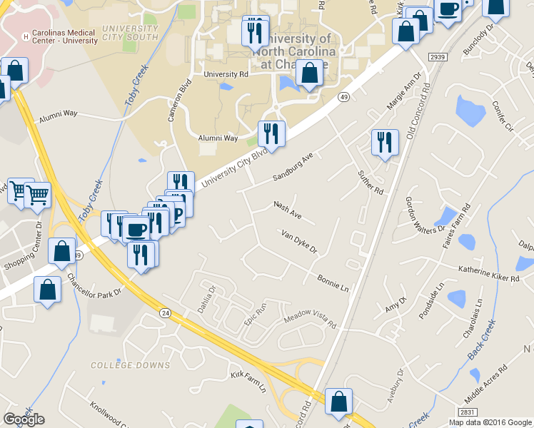 map of restaurants, bars, coffee shops, grocery stores, and more near 9101 Nash Avenue in Charlotte