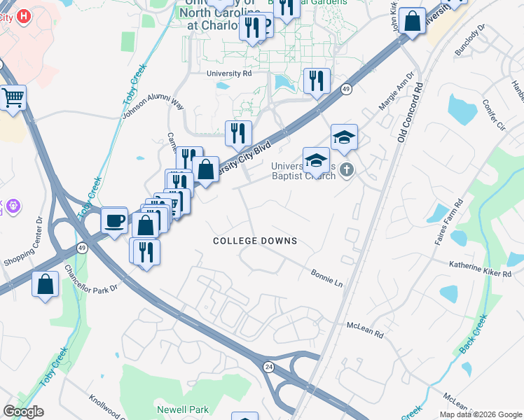 map of restaurants, bars, coffee shops, grocery stores, and more near 9101 Nash Avenue in Charlotte