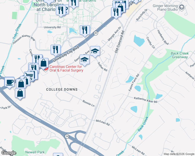 map of restaurants, bars, coffee shops, grocery stores, and more near 9511 Shannon Green Drive in Charlotte