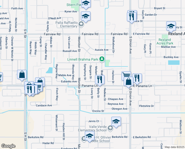 map of restaurants, bars, coffee shops, grocery stores, and more near 6307 Sangara Street in Bakersfield