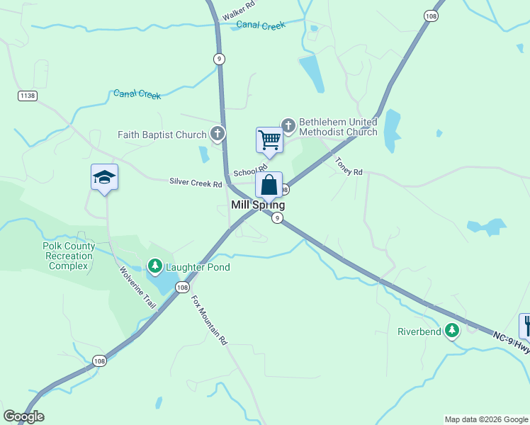 map of restaurants, bars, coffee shops, grocery stores, and more near 82 North Carolina 9 in Mill Spring