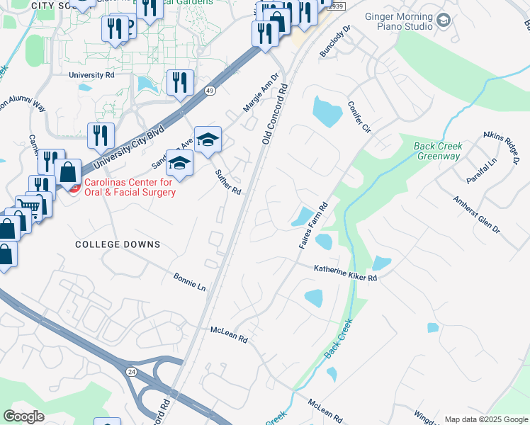map of restaurants, bars, coffee shops, grocery stores, and more near 1539 Gordon Walters Drive in Charlotte