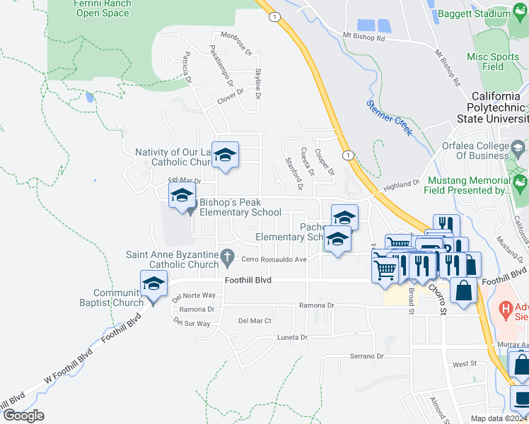 map of restaurants, bars, coffee shops, grocery stores, and more near 399 Jeffrey Drive in San Luis Obispo
