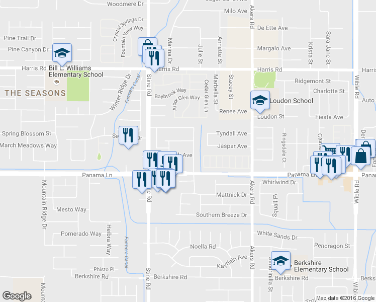 map of restaurants, bars, coffee shops, grocery stores, and more near 4509 Glengary Place in Bakersfield