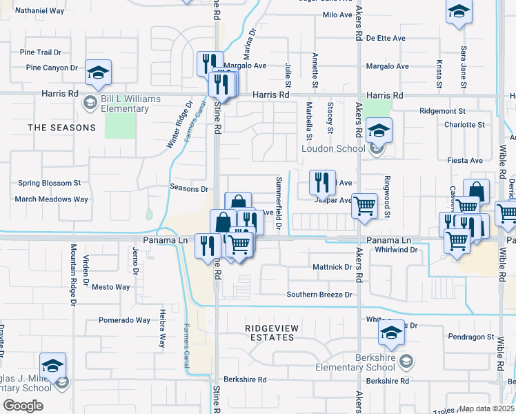map of restaurants, bars, coffee shops, grocery stores, and more near 4509 Glengary Place in Bakersfield