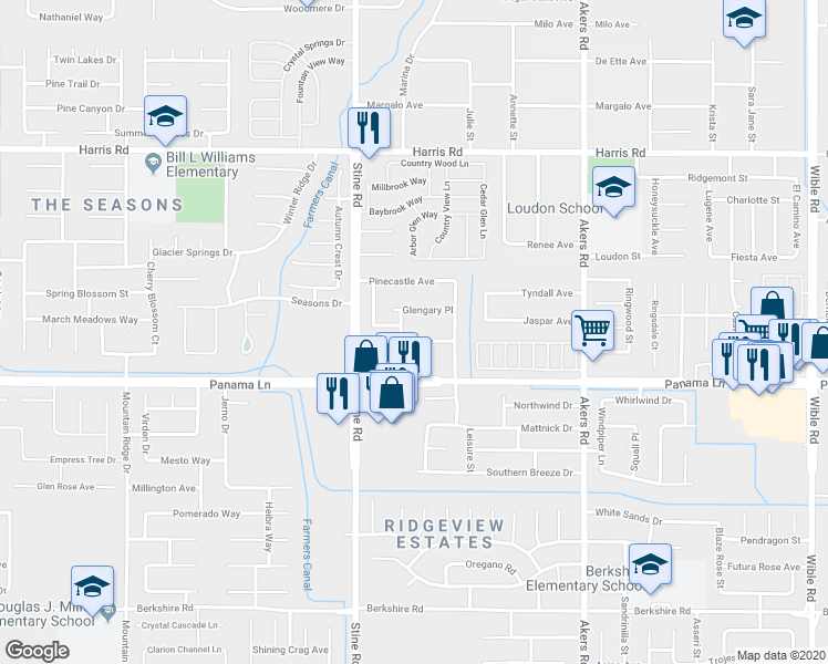 map of restaurants, bars, coffee shops, grocery stores, and more near 4801 Glengary Place in Bakersfield