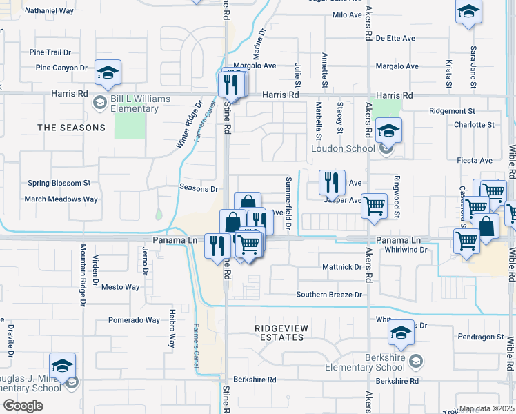 map of restaurants, bars, coffee shops, grocery stores, and more near 4801 Glengary Place in Bakersfield