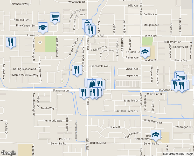 map of restaurants, bars, coffee shops, grocery stores, and more near 4801 Glengary Place in Bakersfield