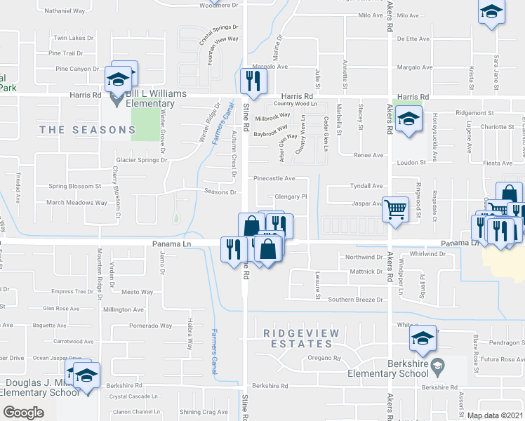 map of restaurants, bars, coffee shops, grocery stores, and more near 4801 Glengary Place in Bakersfield