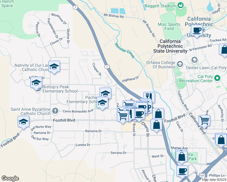 map of restaurants, bars, coffee shops, grocery stores, and more near 585 Highland Drive in San Luis Obispo
