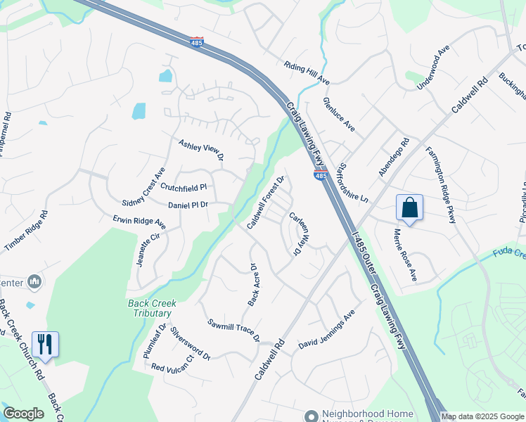 map of restaurants, bars, coffee shops, grocery stores, and more near 10218 Caldwell Forest Drive in Charlotte